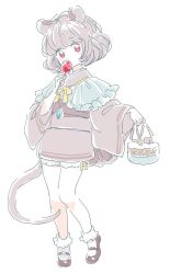 Rule 34 | animal ears, basket, candy apple, food, grey hair, japanese clothes, kimono, looking at viewer, mary janes, mitsumoto jouji, mouse (animal), mouse ears, mouse tail, nazrin, red eyes, shoes, short hair, socks, solo, tail, touhou