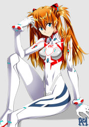 Rule 34 | 1girl, breasts, curvy, evangelion: 3.0+1.0 thrice upon a time, grey background, hair between eyes, head rest, highres, interface headset, long hair, looking at viewer, neon genesis evangelion, plugsuit, rebuild of evangelion, simple background, sitting, skin tight, solo, souryuu asuka langley, twintails, yamayoshi