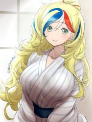 Rule 34 | 1girl, blonde hair, blue hair, breasts, commandant teste (kancolle), commentary request, cowboy shot, japanese clothes, kantai collection, kimono, large breasts, long hair, looking at viewer, multicolored hair, one-hour drawing challenge, ponytail, primary stage, red hair, smile, solo, streaked hair, striped clothes, striped kimono, twitter username, wavy hair, white hair, white kimono, window, yukata