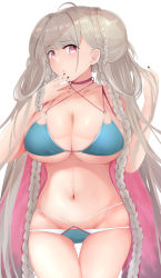 Rule 34 | 1girl, aqua bikini, azur lane, bikini, black nails, braid, braided tail, breasts, cleavage, closed mouth, collarbone, double bun, earrings, feet out of frame, formidable (azur lane), formidable (the lady of the beach) (azur lane), hair bun, hair ornament, hand in own hair, hand to own mouth, highres, huge breasts, itete, jewelry, large breasts, long hair, looking at viewer, nail polish, navel, official alternate costume, platinum blonde hair, purple eyes, solo, standing, swimsuit, white background