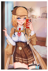 Rule 34 | 1girl, artist name, bedroom, black thighhighs, blonde hair, blue eyes, blush, blushedpixie, bob cut, breasts, brown capelet, brown coat, brown hat, brown skirt, capelet, cellphone, closed mouth, coat, collared shirt, commentary, deerstalker, detective, english commentary, hair ornament, hat, high-waist skirt, highres, holding, holding phone, hololive, hololive english, indoors, large breasts, lipstick, long sleeves, looking at viewer, makeup, miniskirt, mirror, necktie, phone, plaid, plaid skirt, pleated skirt, pocket watch, red necktie, selfie, shirt, short hair, short necktie, skirt, smartphone, solo, stethoscope, syringe holster, thick thighs, thigh strap, thighhighs, thighs, underbust, virtual youtuber, watch, watson amelia, watson amelia (1st costume), white shirt, zettai ryouiki