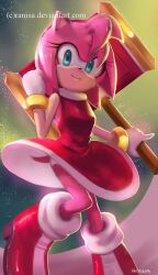 Rule 34 | 1girl, alternate eye color, amy rose, animal ears, animal nose, artist name, bare shoulders, blue background, blue eyes, boots, bracelet, breasts, closed mouth, commentary, dress, english commentary, eyelashes, furry, furry female, gloves, gold bracelet, gradient background, hairband, hammer, hand up, hedgehog ears, hedgehog girl, high heels, highres, holding, holding weapon, jewelry, leg up, looking at viewer, toy hammer, pink fur, ranisa, red dress, red footwear, red hairband, sleeveless, sleeveless dress, small breasts, smile, socks, solo, sonic (series), standing, standing on one leg, war hammer, weapon, white gloves, white socks, yellow background