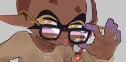 1girl alternate_costume dark-skinned_female dark_skin earrings frye_(splatoon) glasses jewelry looking_at_viewer nintendo official_alternate_costume orly_custer splatoon_(series) splatoon_3 sweater tentacle_hair tongue tongue_out