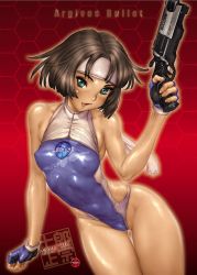 Rule 34 | 1girl, ass, breasts, brown hair, comic anthurium, covered erect nipples, dark-skinned female, dark skin, fingerless gloves, forehead protector, gloves, gluteal fold, green eyes, gun, handgun, highleg, highleg leotard, highleg swimsuit, highres, leotard, medium breasts, nipples, one-piece swimsuit, open mouth, partially visible vulva, pistol, revolver, shiny skin, shirou masamune, short hair, sleeveless, solo, standing, swimsuit, thighs, weapon