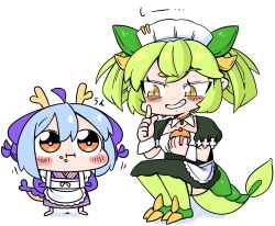 2girls blue_hair blue_kimono buraninn chibi cupcake dragon_girl dragon_horns dragon_tail duel_monster finger_to_mouth food full_body green_hair grin highres holding holding_food horns japanese_clothes kimono laundry_dragonmaid maid maid_headdress multiple_girls orange_eyes parlor_dragonmaid shushing smile tail wa_maid white_background yellow_eyes yu-gi-oh!