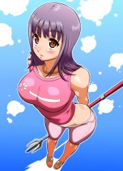 Rule 34 | 1girl, ass, blush, breasts, brown eyes, hip focus, hokuto (tokuho), holding, holding polearm, holding spear, holding trident, holding weapon, itsuwa, jewelry, large breasts, necklace, perspective, polearm, purple hair, sandals, short hair, spear, toaru majutsu no index, toaru majutsu no index: old testament, trident, weapon