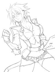 Rule 34 | 1girl, arc system works, bad id, bad pixiv id, belt, blazblue, blazblue: chronophantasma, breasts, bullet (blazblue), cleavage, cutoffs, denim, denim shorts, elbow pads, fingerless gloves, gloves, greyscale, impossible clothes, large breasts, lineart, lips, monochrome, popped collar, sami (object dump), scar, short hair, short shorts, shorts, solo, spikes
