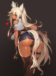 Rule 34 | 1girl, absurdres, ahoge, animal ears, ass, back, bare shoulders, black gloves, blonde hair, blush, breasts, brown panties, brown thighhighs, commission, dark-skinned female, dark skin, fingerless gloves, gloves, grin, gurimjang, hair between eyes, heart, highres, long hair, looking at viewer, nail polish, original, panties, pixiv commission, ponytail, red eyes, red nails, simple background, skindentation, skirt, smile, solo, tail, thigh strap, thighhighs, thighs, torn clothes, torn thighhighs, underwear, wide hips, wolf ears, wolf tail
