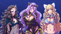 Rule 34 | 3girls, akairiot, armor, bad id, bad tumblr id, black hair, blonde hair, blue eyes, book, bow, breasts, brown eyes, camilla (fire emblem), charlotte (fire emblem), circlet, cleavage, curly hair, facial mark, fire emblem, fire emblem fates, forehead mark, hair bow, highres, large breasts, licking lips, long hair, looking at viewer, messy hair, midriff, multiple girls, navel, nintendo, nyx (fire emblem), purple eyes, purple hair, simple background, small breasts, smile, tongue, tongue out, very long hair