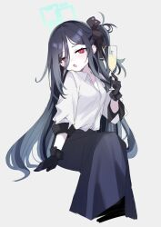 Rule 34 | &lt;key&gt; (blue archive), 1girl, absurdly long hair, black gloves, black hair, black skirt, blue archive, cup, gloves, green halo, grey background, halo, highres, holding, holding cup, long hair, long sleeves, looking at viewer, red eyes, retri, shirt, simple background, skirt, solo, textless version, very long hair, white shirt