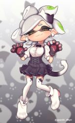 Rule 34 | + +, 1girl, :3, absurdres, animal hands, animal print, bow, bowtie, cat cutout, cat paws, cat print, cat tail, clothing cutout, cosplay, earrings, highres, inkling, jewelry, judd (splatoon), judd (splatoon) (cosplay), marie (splatoon), mask, mole, mole under eye, nintendo, object on head, paw pose, pointy ears, puchiman, shorts, shorts under skirt, skirt, suspender skirt, suspenders, tail, tentacle hair, thighhighs
