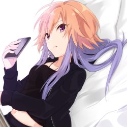 Rule 34 | 10s, 1girl, cardigan, cellphone, collarbone, holding, holding phone, idolmaster, idolmaster cinderella girls, jewelry, light purple hair, long sleeves, looking at viewer, lying, multicolored hair, navel, necklace, ninomiya asuka, noda (yncoon), on back, open cardigan, open clothes, orange hair, phone, purple eyes, sawa (yncoon), simple background, smartphone, solo, white background