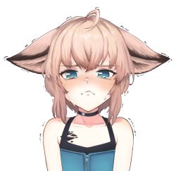Rule 34 | 1girl, ahoge, animal ears, arknights, bare shoulders, black choker, blue eyes, blue shirt, blush, brown hair, choker, crying, crying with eyes open, flat chest, fox ears, frown, highres, looking at viewer, material growth, oripathy lesion (arknights), radioneet, shirt, short hair, simple background, solo, straight-on, sussurro (arknights), tears, trembling, upper body, white background, zipper pull tab
