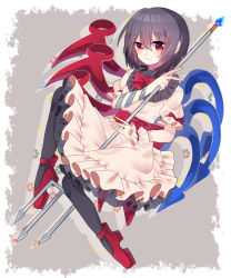 Rule 34 | 1girl, asymmetrical wings, black hair, black thighhighs, blue wings, border, closed mouth, collar, dress, frilled collar, frilled dress, frills, full body, grey background, hair between eyes, highres, holding, holding polearm, holding weapon, houjuu nue, looking at viewer, mary janes, one-hour drawing challenge, pointy ears, polearm, puffy short sleeves, puffy sleeves, red eyes, red footwear, red sash, red wings, renka (sutegoma25), sash, shoes, short hair, short sleeves, smile, snake, solo, thighhighs, touhou, trident, weapon, white border, white dress, wings, wrist cuffs