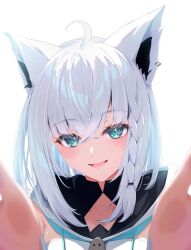 1girl ahoge animal_ear_fluff animal_ears aqua_eyes braid breasts commentary_request earrings fox_ears fox_girl hair_between_eyes highres hololive hood hoodie jewelry long_hair looking_at_viewer lower_teeth_only nmhdtnr1 open_mouth outstretched_arms reaching reaching_towards_viewer shirakami_fubuki shirakami_fubuki_(1st_costume) side_braid sidelocks simple_background single_earring solo teeth upper_body virtual_youtuber white_background white_hair white_hoodie