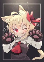 Rule 34 | 1girl, ;p, animal ear fluff, animal ears, animal hands, arms up, ascot, black background, black vest, blonde hair, blouse, blush, bow, cat ears, cat tail, commentary request, dot nose, gradient background, hair bow, highres, kibisake, long sleeves, one eye closed, red ascot, red eyes, rumia, shirt, short hair, simple background, solo, sparkle, tail, tongue, tongue out, touhou, upper body, vest, white shirt, wing collar