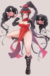 Rule 34 | 1girl, animal ears, baozi, blush, boots, breasts, cat ears, china dress, chinese clothes, dress, food, hair ornament, highres, large breasts, long hair, open mouth, original, ponytail, red eyes, shinonome tsukasa, solo, thighs, very long hair