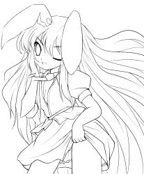 Rule 34 | 1girl, absurdres, animal ears, breasts, cleavage, clothes lift, female focus, greyscale, highres, lineart, long hair, looking at viewer, monochrome, necktie, no bra, one eye closed, open clothes, open shirt, rabbit ears, reisen udongein inaba, shirt, skirt, skirt lift, small breasts, smile, solo, touhou, transparent background, very long hair, wink, yume shokunin