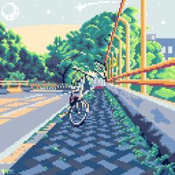 Rule 34 | bicycle, bridge, highres, morning, moss, no humans, original, pixel art, plant, purple sky, road, scenery, shadow, shooting star, sidewalk, sky, star (sky), starry sky, sunlight, tomoruka mr, tree