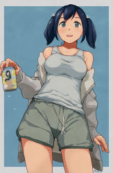 Rule 34 | 1girl, alternate costume, banned artist, blue hair, blue tank top, blush, breasts, can, from below, grey jacket, hair ribbon, holding, holding can, jacket, kantai collection, large breasts, long sleeves, looking at viewer, makio (makiomeigenbot), medium breasts, off shoulder, open mouth, ribbon, short twintails, shorts, sidelocks, signature, simple background, solo, souryuu (kancolle), standing, tank top, twintails