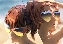 Rule 34 | 2girls, armpits, bare shoulders, blunt bangs, brown eyes, brown hair, collarbone, earrings, eyelashes, face, hand in own hair, hand on head, heart, heart-shaped eyewear, heart-shaped sunglasses, highres, jay zhang, jewelry, looking at viewer, multiple girls, original, pink hair, ponytail, siblings, side ponytail, sisters, stud earrings, sunglasses, tongue, tongue out, twins, yellow eyes
