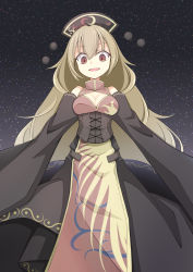 Rule 34 | 1girl, alternate hair color, bare shoulders, black sky, breasts, brown hair, chinese clothes, cleavage, commentary request, corset, crescent, detached sleeves, dress, eyes visible through hair, gradient sky, grey dress, grey hat, grey sky, hair between eyes, hat, highres, junko (touhou), light brown hair, long hair, long sleeves, looking at viewer, medium breasts, night, night sky, open mouth, phoenix crown, pom pom (clothes), red eyes, sky, smile, solo, standing, star (sky), starry sky, tabard, touhou, user cwdv2523, wide sleeves