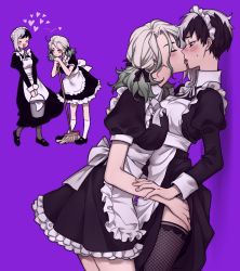 Rule 34 | 2girls, alternate costume, asagiri gen, blush, broom, bucket, dcon 34, dr. stone, closed eyes, from side, genderswap, genderswap (mtf), hand on another&#039;s thigh, heart, highres, imminent kiss, ishigami senkuu, maid, multiple girls, purple background, short twintails, sweatdrop, tongue, tongue out, twintails, yuri