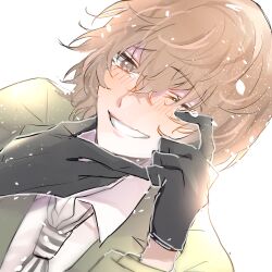 Rule 34 | 1boy, akechi gorou, black gloves, blush, brown eyes, brown hair, chiru illust, gloves, hand on own chin, highres, male focus, necktie, one eye closed, open mouth, persona, persona 5, simple background, smile, tears, wiping tears