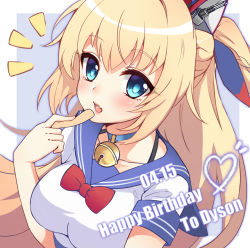 Rule 34 | 1girl, animal ears, bell, blonde hair, blue eyes, blush, bow, bowtie, breasts, collar, dyson (warship girls r), english text, eyelashes, fake animal ears, hasu (velicia), highres, holding, large breasts, long hair, looking at viewer, neck bell, open mouth, school uniform, serafuku, simple background, stick figure, warship girls r