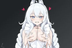 Rule 34 | + +, 1girl, ahoge, animal ear fluff, animal ears, azur lane, berserkert, black background, blue eyes, blush, braid, breasts, commentary, eyelashes, grin, hands on own breasts, heart, highres, le malin (azur lane), le malin (listless lapin) (azur lane), leotard, long hair, low twin braids, nipples, o-ring, rabbit ears, signature, simple background, small breasts, smile, solo, symbol-only commentary, twin braids, very long hair, white hair, white leotard, wrist cuffs