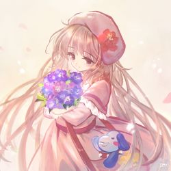 Rule 34 | 1girl, beret, blush, bouquet, brown background, brown eyes, brown hair, capelet, character request, closed mouth, commentary request, danby merong, dress, flower, frilled capelet, frills, hat, hat flower, highres, hugging object, kobato., light smile, long hair, long sleeves, looking at object, looking away, petals, pink capelet, pink dress, pink flower, pink hat, purple flower, red flower, signature, solo, very long hair