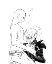 Rule 34 | 2boys, abs, cum, cum in mouth, cum on body, facial, genos, heart, heart-shaped pupils, male focus, monochrome, multiple boys, muscular, nao(artist), one-punch man, saitama (one-punch man), symbol-shaped pupils, white background, yaoi