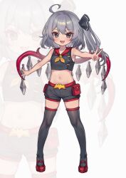 Rule 34 | 1girl, absurdres, ahoge, bare arms, bare shoulders, belt pouch, blush, commentary, commission, crop top, fang, full body, grey eyes, grey hair, grey shirt, grey shorts, grey thighhighs, highres, legs apart, looking at viewer, mary janes, medium hair, midriff, navel, neckerchief, open mouth, orange neckerchief, original, outstretched arms, pixiv commission, pouch, qiu ju, red footwear, red sailor collar, sailor collar, shirt, shoes, short shorts, shorts, side ponytail, simple background, sleeveless, sleeveless shirt, smile, solo, spread arms, standing, sugardre scarlet, thighhighs, touhou, tsurime, v, v-shaped eyebrows, white background, wings, zoom layer