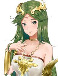 Rule 34 | 1girl, ancient greek clothes, armlet, bare shoulders, blush, bracer, breasts, chiton, cleavage, collarbone, crown, dress, forehead jewel, green eyes, green hair, hand on own chest, highres, kid icarus, looking at viewer, medium breasts, niko (aiai03012), nintendo, palutena, parted bangs, parted lips, smile, solo, straight hair, strapless, strapless dress, upper body, white dress