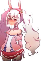 Rule 34 | 1girl, animal ears, azur lane, blush, breath, closed mouth, collarbone, controller, cowboy shot, female focus, flat chest, hair between eyes, hair ornament, hairband, half-closed eyes, highres, jacket, laffey (azur lane), long hair, long sleeves, looking at viewer, miniskirt, moccoss, nose blush, off shoulder, pink jacket, pleated skirt, rabbit ears, red eyes, red hairband, red skirt, remote control, remote control vibrator, sex toy, shiny skin, shirt, simple background, skindentation, skirt, sleeveless, sleeveless shirt, solo, spaghetti strap, standing, sweat, thighhighs, twintails, vibrator, vibrator cord, vibrator in thighhighs, vibrator under clothes, white background, white hair, white thighhighs, zettai ryouiki