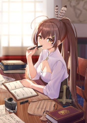 Rule 34 | 1girl, ahoge, book, breasts, brown eyes, brown hair, cleavage, cleavage cutout, closed mouth, clothing cutout, commentary, desk, english commentary, english text, feather hair ornament, feathers, hair ornament, hairclip, highres, holding, holding pen, hololive, hololive english, holstered, ink bottle, long hair, looking at viewer, medium breasts, nanashi mumei, pen, ponytail, sheath, sheathed, sidelocks, sitting, skyrail, solo, studying, very long hair, virtual youtuber