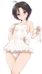 Rule 34 | 1girl, antenna hair, apron, bare shoulders, black hair, blue eyes, blush, breasts, covered erect nipples, flat chest, grin, hip focus, idolmaster, idolmaster (classic), kikuchi makoto, lingerie, looking at viewer, maruwa tarou, panties, see-through, short hair, simple background, small breasts, smile, solo, underwear, white background, white panties, wide hips