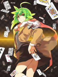 Rule 34 | 1girl, ace (playing card), ace of spades, ahoge, bad id, bad pixiv id, card, floating card, green eyes, green hair, hakou (barasensou), holding, holding card, jack (playing card), jack of diamonds, jacket, joker (playing card), king (playing card), king of spades, looking back, matching hair/eyes, necktie, original, playing card, queen (playing card), queen of hearts (playing card), scarf, skirt, solo, spade (shape)