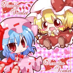 Rule 34 | &gt;:), 2girls, :d, ascot, bat wings, blonde hair, blue hair, blush, blush stickers, bow, character name, chibi, dress, fang, female focus, flandre scarlet, hat, heart, multiple girls, open mouth, plaid, plaid background, red eyes, remilia scarlet, ritateo, short hair, siblings, side ponytail, sisters, smile, text focus, touhou, v-shaped eyebrows, wings