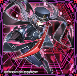 Rule 34 | 1girl, black hat, black scarf, duel monster, gloves, grey hair, hat, highres, hucydin, long hair, long sleeves, peaked cap, red eyes, scarf, sky striker ace - roze, solo, sword, twintails, two-tone dress, weapon, yu-gi-oh!