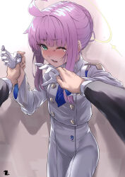 Rule 34 | 1girl, ahoge, blue archive, blue necktie, blunt bangs, braid, braided bun, gloves, grabbing another&#039;s hand, hair bun, halo, highres, horizontal pupils, jacket, kaya (blue archive), necktie, one eye closed, pink hair, pov, single hair bun, skirt, solo focus, tears, white gloves, white jacket, white skirt, zombie mogura