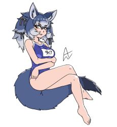 Rule 34 | 1girl, acesrulez, animal ear fluff, animal ears, bare legs, bare shoulders, blue hair, blue one-piece swimsuit, blush, breasts, commentary, dire wolf (kemono friends), extra ears, full body, kemono friends, large breasts, long hair, looking at viewer, multicolored hair, name tag, one-piece swimsuit, open mouth, school swimsuit, simple background, smile, solo, swimsuit, tail, twintails, white hair, wolf ears, wolf girl, wolf tail