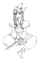 Rule 34 | 1girl, ainu clothes, breasts, expressionless, fingerless gloves, gloves, hair ribbon, highres, legs, long hair, looking at viewer, nakoruru, pants, ribbon, samurai spirits, sitting, small breasts, snk, solo, the king of fighters, thighs, weapon