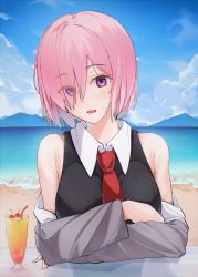 Rule 34 | 1girl, bare shoulders, beach, black dress, blue sky, blush, breasts, cloud, collared dress, commentary, crossed arms, cup, day, dress, drink, drinking glass, eyes visible through hair, fate/grand order, fate (series), grey jacket, hair over one eye, head tilt, highres, jacket, large breasts, looking at viewer, mash kyrielight, necktie, ocean, off shoulder, open mouth, outdoors, pink hair, purple eyes, red necktie, sand, short hair, sky, sleeveless, sleeveless dress, solo, starfish, symbol-only commentary, table, upper body, viewran, water