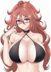 Rule 34 | 1girl, absurdres, android 21, arm up, bikini, breasts, brown hair, cleavage, desspie, dragon ball, glasses, hair between eyes, halterneck, highres, huge breasts, looking at viewer, simple background, solo, swimsuit, upper body