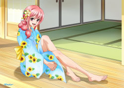 Rule 34 | 1girl, alternate costume, architecture, artist logo, barefoot, blue kimono, dated, east asian architecture, feet, floral print, flower, hair flower, hair ornament, highres, japanese clothes, kimono, knee up, legs, long hair, long legs, looking at viewer, obi, one piece, pink eyes, pink hair, ponytail, rebecca (one piece), rider (orange couture), sash, shadow, sidelocks, sitting, smile, solo, teeth, toes, tongue, upper teeth only, yellow sash, yukata