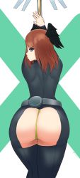 Rule 34 | 1girl, absurdres, ass, blue eyes, blush, bodysuit, brown hair, embarrassed, eunie (xenoblade), from behind, head wings, highres, huge ass, long hair, looking at viewer, looking back, shiny clothes, shiny skin, skin tight, solo, staff, thong, tiredtorto, torn bodysuit, torn clothes, wardrobe malfunction, wings, xenoblade chronicles (series), xenoblade chronicles 3