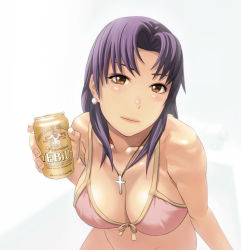Rule 34 | 1girl, alcohol, beer, beer can, blush, bottomless, breasts, brown eyes, bugfix, can, cleavage, collarbone, cross, drink, drink can, earrings, front-tie top, holding, jewelry, katsuragi misato, large breasts, necklace, neon genesis evangelion, purple hair, simple background, solo, yebisu