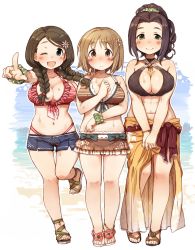 Rule 34 | 10s, 3girls, 7010, ;d, akanishi erika, anklet, bare shoulders, beach, bikini, blush, braid, breasts, brown eyes, brown hair, cleavage, ebihara naho, flower, frilled bikini, frills, front-tie top, green eyes, hair flower, hair ornament, idolmaster, idolmaster cinderella girls, jewelry, large breasts, long hair, looking at viewer, mimura kanako, multiple girls, navel, o-ring, o-ring top, one eye closed, open mouth, plump, pointing, pointing at viewer, ponytail, sandals, sarong, scrunchie, short hair, short shorts, shorts, skindentation, skirt, smile, striped bikini, striped clothes, swimsuit, thigh gap, twin braids, v arms, wrist scrunchie