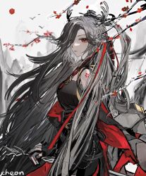 Rule 34 | 1girl, absurdres, antlers, arknights, artist name, black dress, branch, chinese commentary, closed mouth, commentary request, cowboy shot, dress, from side, frown, grey hair, hair over one eye, highres, horns, long hair, looking at viewer, looking to the side, qiu bai (arknights), red eyes, solo, supercalifraglistcexpialidocio, very long hair